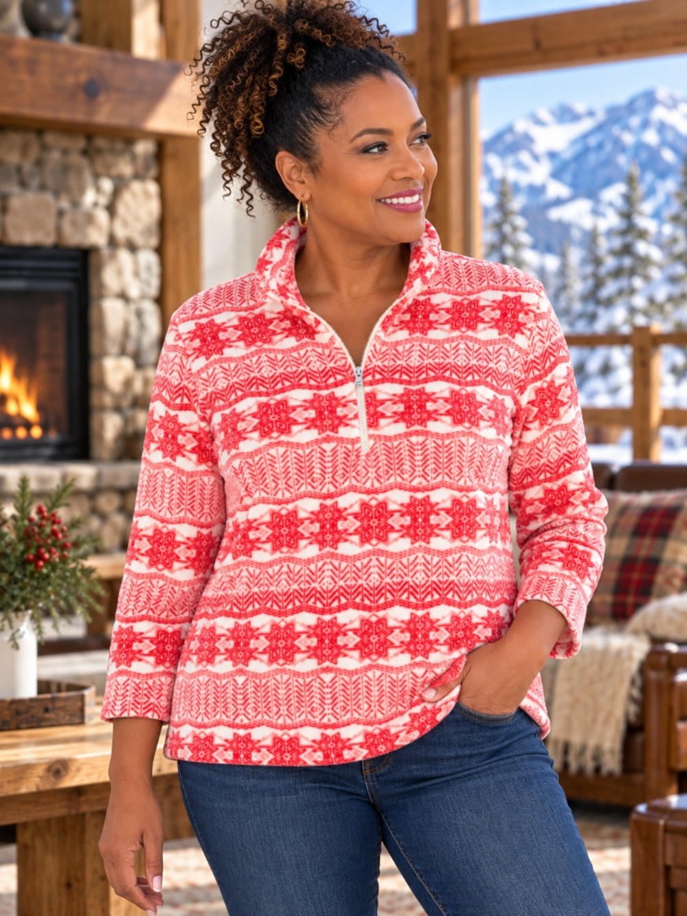 Lands’ End Women’s 2X Red White Fair Isle Fleece Quarter Zip Pullover